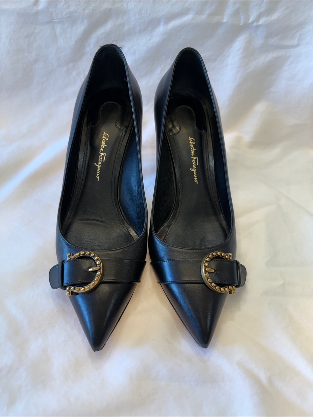 Salvatore Ferragamo Black Leather Pointed-Toe Pumps with Gold Buckle Detail